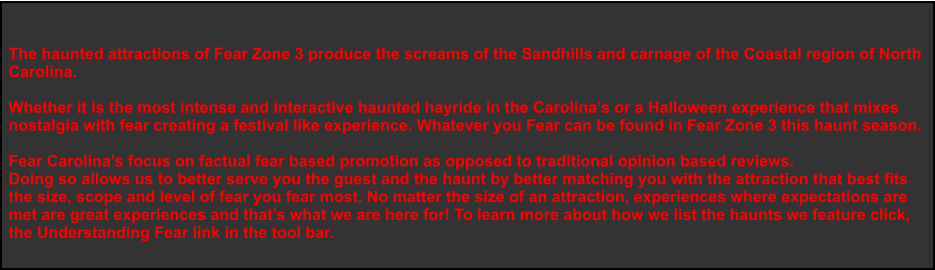 The haunted attractions of Fear Zone 3 produce the screams of the Sandhills and carnage of the Coastal region of North  Carolina.   Whether it is the most intense and interactive haunted hayride in the Carolina’s or a Halloween experience that mixes  nostalgia with fear creating a festival like experience. Whatever you Fear can be found in Fear Zone 3 this haunt season.   Fear Carolina’s focus on factual fear based promotion as opposed to traditional opinion based reviews. Doing so allows us to better serve you the guest and the haunt by better matching you with the attraction that best fits  the size, scope and level of fear you fear most. No matter the size of an attraction, experiences where expectations are  met are great experiences and that’s what we are here for! To learn more about how we list the haunts we feature click,  the Understanding Fear link in the tool bar.